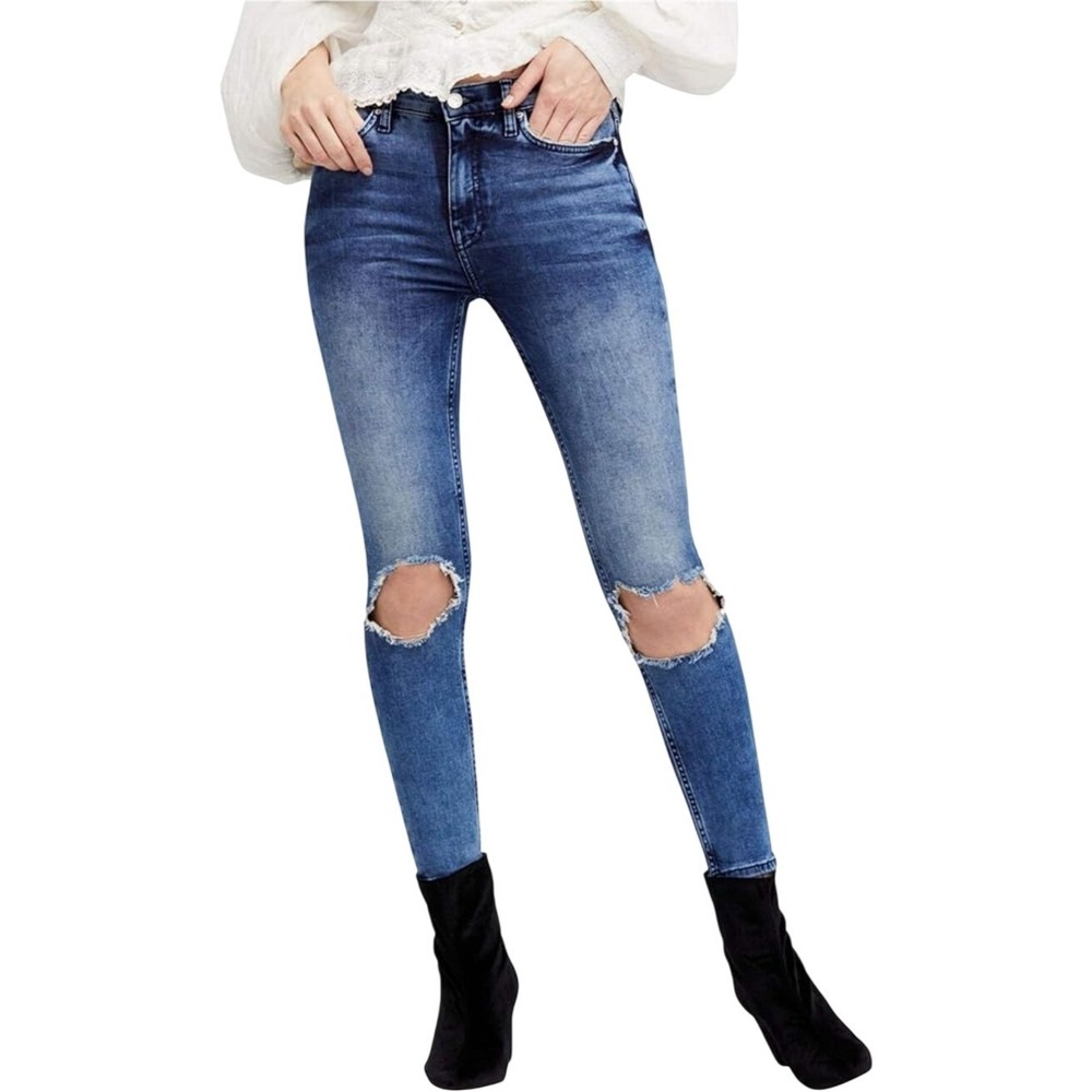 Free People High Rise‎ Ripped Knee Skinny Jeans Blue Wash Size 29W